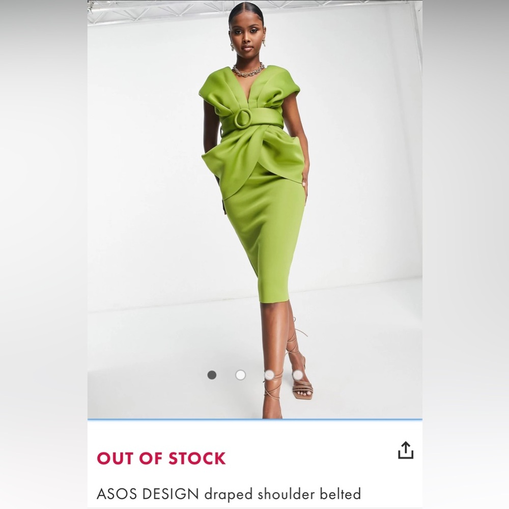 ASOS DESIGN draped shoulder belted midi dress in olive (size 2)